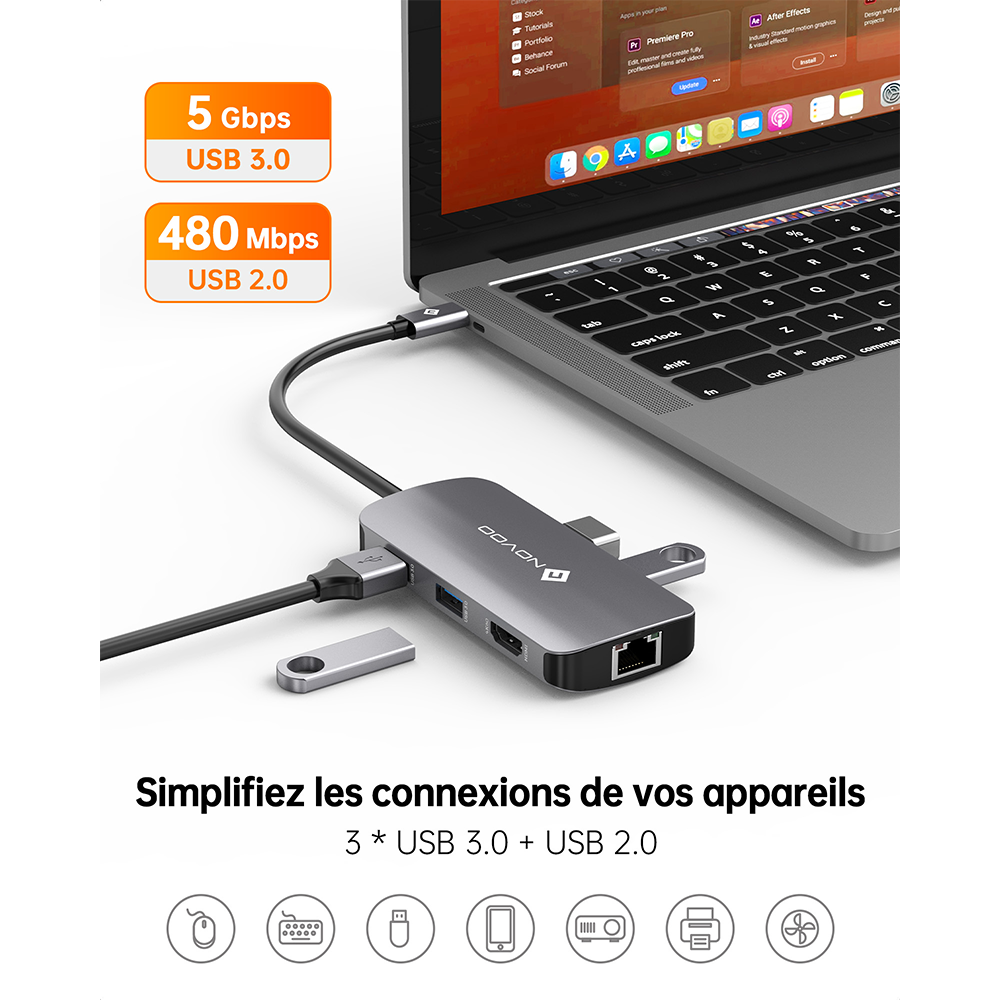NOVOO R7Pro Mulitport Adaptateur USB C vers Ethernet, 7 en 1 Hub USB C vers HDMI 4K, 100W PD Recharge, USB x 4, pour MacBook Pro Chromebook