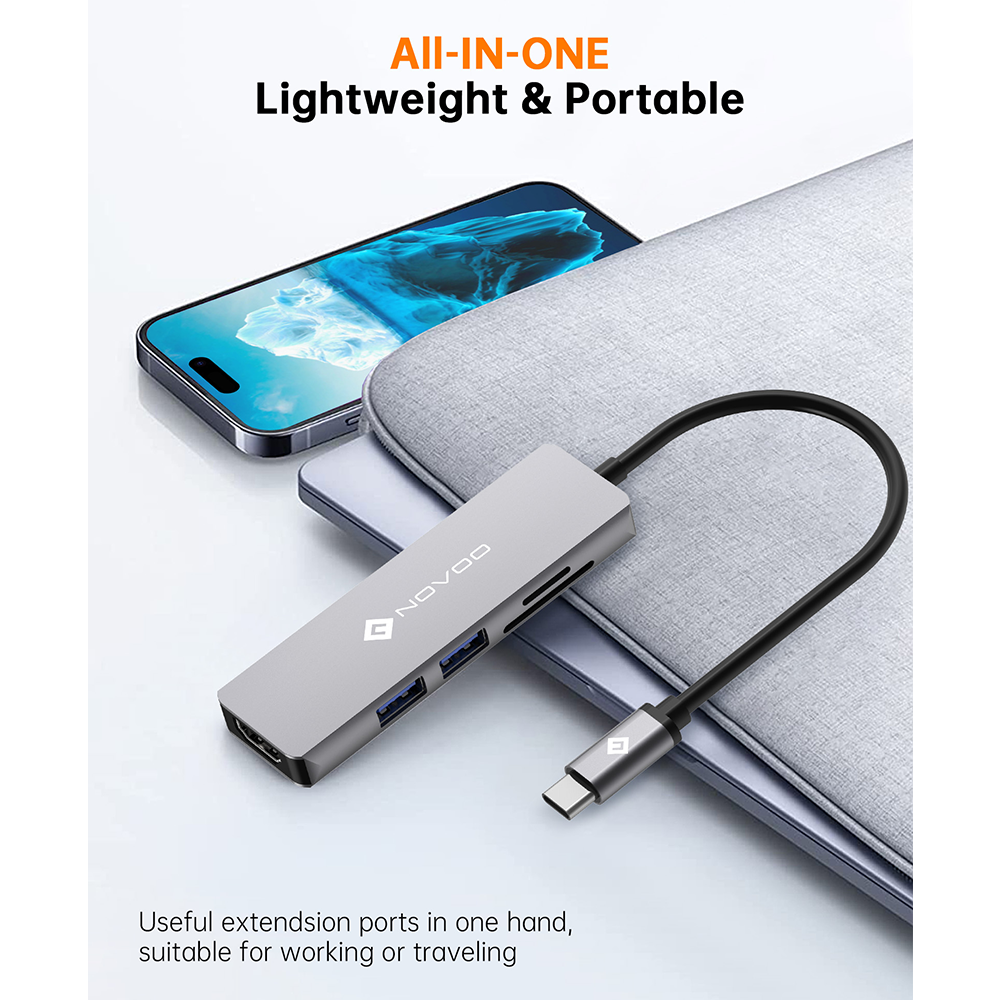NOVOO R5 Hub USB-C 5 en 1 vers HDMI 4K@60Hz, Lecteur de Carte SD & Micro SD, 2 x USB 3.0, Adaptateur en Aluminium pour MacBook Pro, New MacBook, ChromeBook Pixel, Matebook PC Tablette Type-C