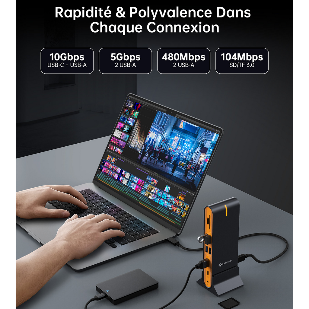 Station d’Accueil NOVOO 15-en-1 Hub USB-C — Triple Écran 8K/4K, Transfert 10Gbps, Ethernet Gigabit & PD 100W pour MacBook & PC