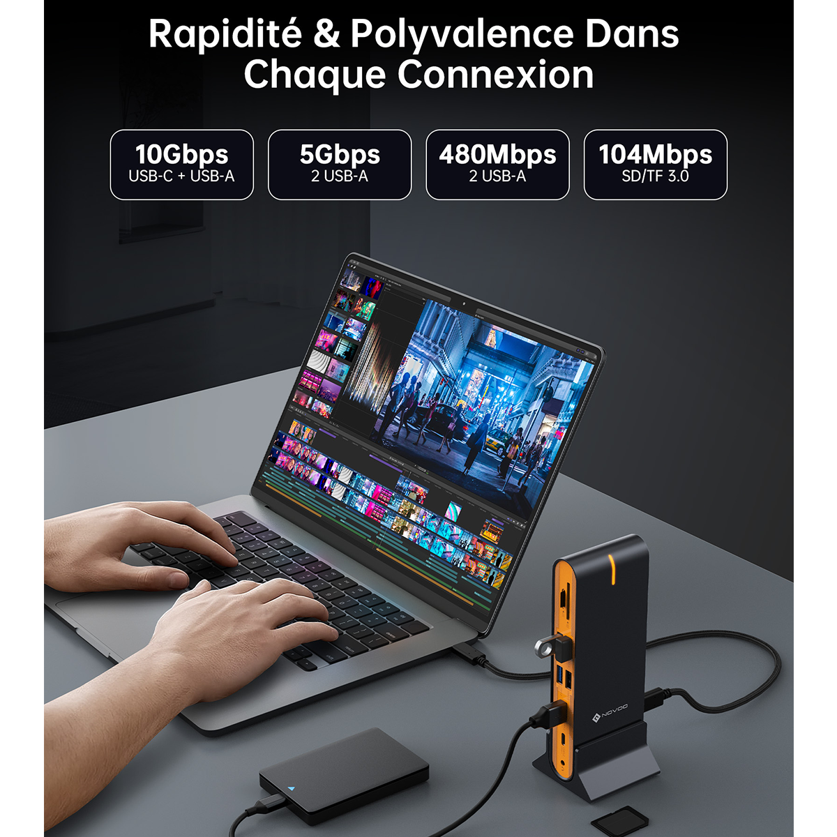 Station d’Accueil NOVOO 15-en-1 Hub USB-C — Triple Écran 8K/4K, Transfert 10Gbps, Ethernet Gigabit & PD 100W pour MacBook & PC