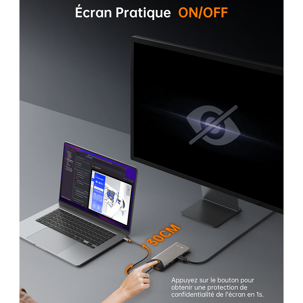 Station d'accueil USB-C Hub multiport 15-en-1 NOVOO - Triple Affichage 4K, Bouton de Confidentialité "Screen-Off" – Pour MacBook, Dell, HP, Lenovo