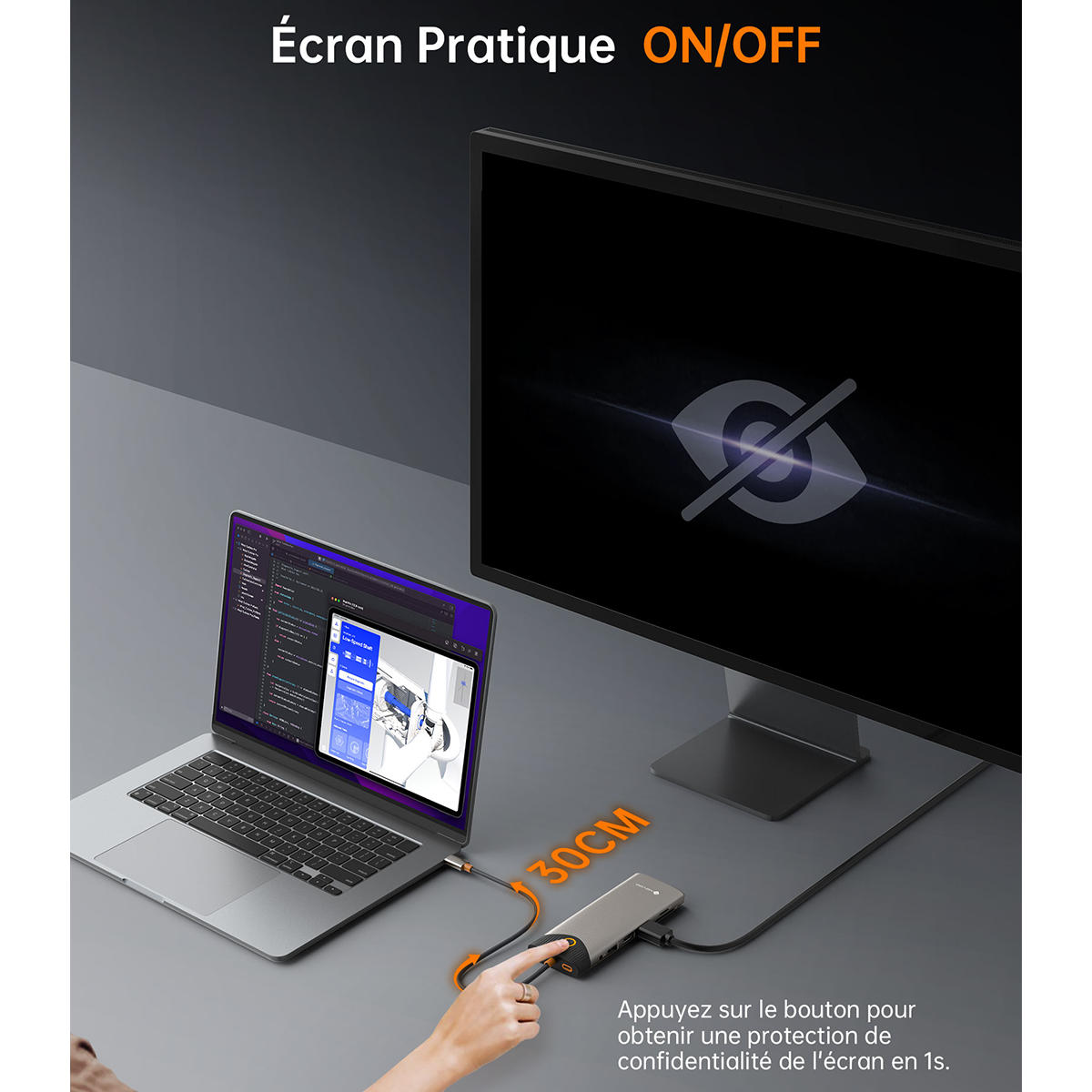 Station d'accueil USB-C Hub multiport 15-en-1 NOVOO - Triple Affichage 4K, Bouton de Confidentialité "Screen-Off" – Pour MacBook, Dell, HP, Lenovo