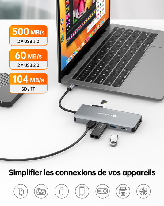 Station d'accueil USB-C, 10 en 1 USB C HUB Station d'accueil USB C avec 4K  HDMI, USB C 3.0, 2 USB 3.0, 2 USB 2.0, 100WPD, Ethernet, SD/TF Compatible