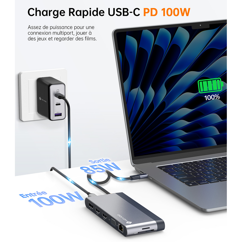 NOVOO Station d'accueil 14-en-1 USB-C : 8K DP, Triple/Quadruple Affichage, PD 100W & Ethernet, hub USB C Adaptateur