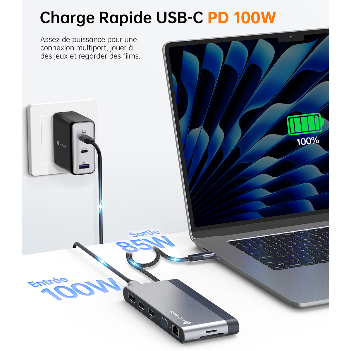 NOVOO Station d'accueil 14-en-1 USB-C : 8K DP, Triple/Quadruple Affichage, PD 100W & Ethernet, hub USB C Adaptateur