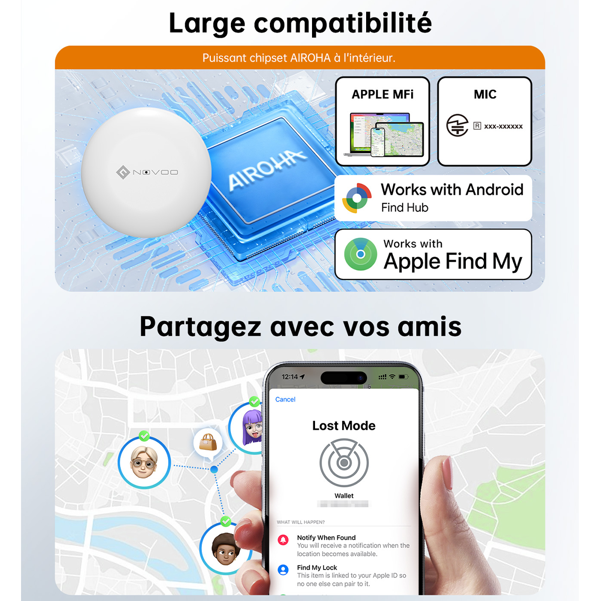 NOVOO Localisateur de clés intelligent Air Tag compatible avec Apple Où est ? APP(iOS) ou Google, Bluetooth KeyFinder Batterie remplaçable pour