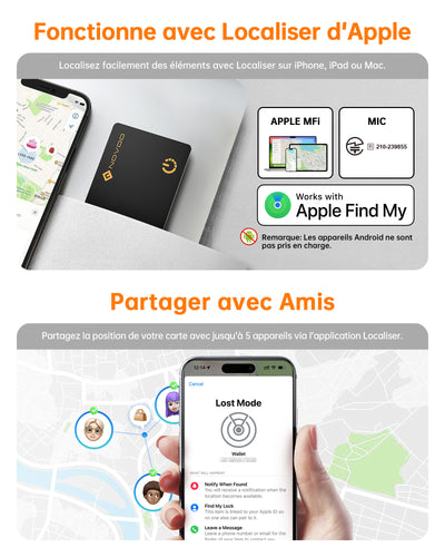NOVOO Air Smart Tag Card Tracker Carte de suivi IP68 étanche Fonctionne avec Apple Find My (iOS uniquement), Bluetooth Item Finder Trieur d'objets