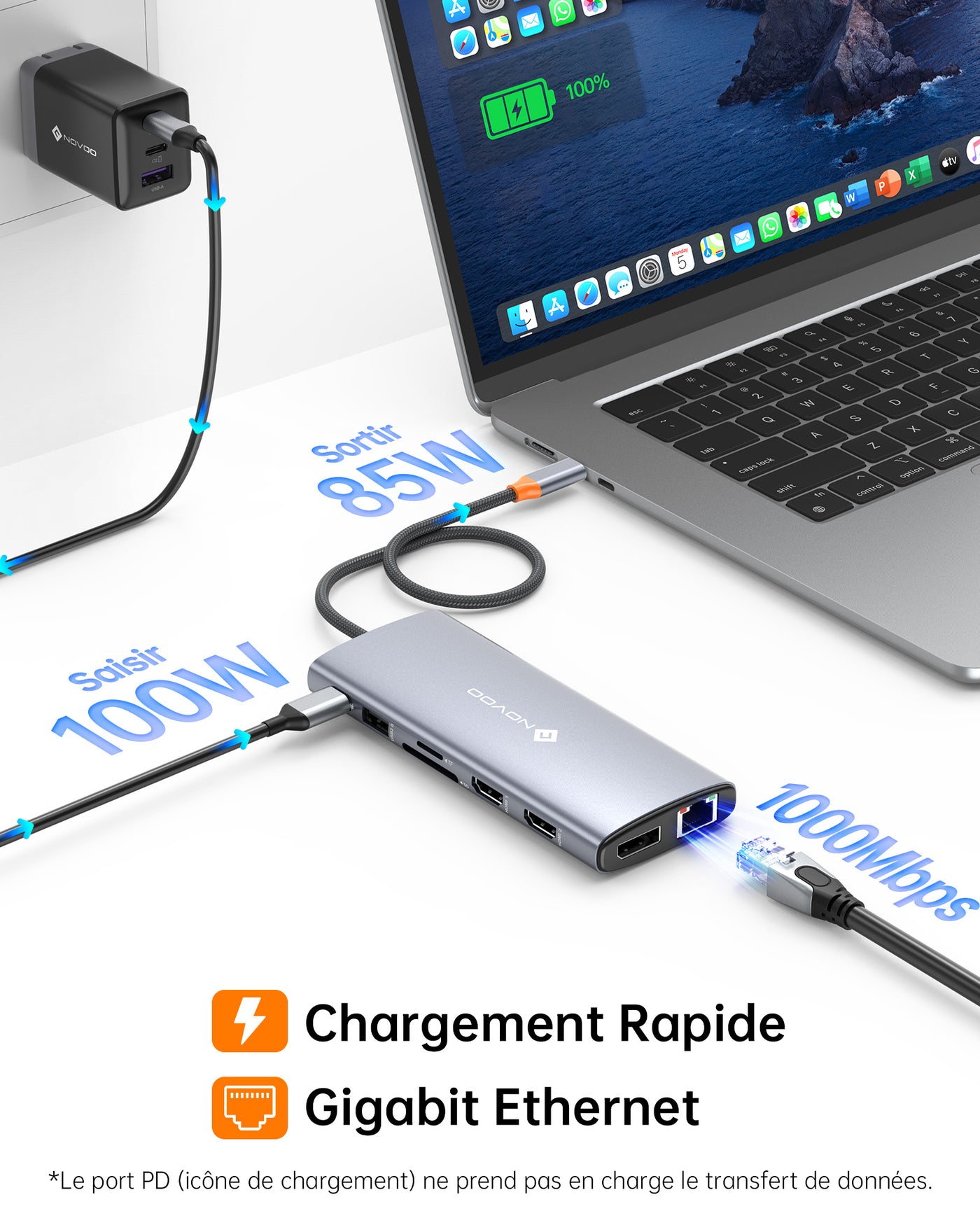 NOVOO 14-en-1 Docking Station Double Moniteur, Hub USB C vers Dual HDMI, Displayport, Ethernet RJ45, 100W PD, USB 3.0/2.0, SD/TF et Audio, Station d'accueil USB C pour MacBook HP Dell