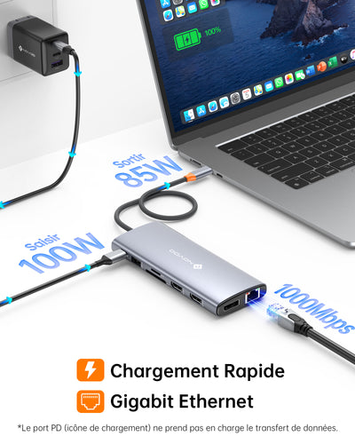 NOVOO 14-en-1 Docking Station Double Moniteur, Hub USB C vers Dual HDMI, Displayport, Ethernet RJ45, 100W PD, USB 3.0/2.0, SD/TF et Audio, Station d'accueil USB C pour MacBook HP Dell