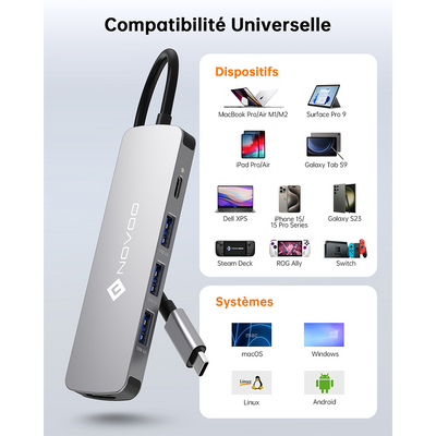 NOVOO R5PD Adaptateur USB C, 5-en-1 Hub USB C vers HDMI 4K@60Hz, 3 X USB 3.0, PD 100W USBC Hub pour Macbook Air Macbook Pro Surface Galaxy Lenovo Chromebook