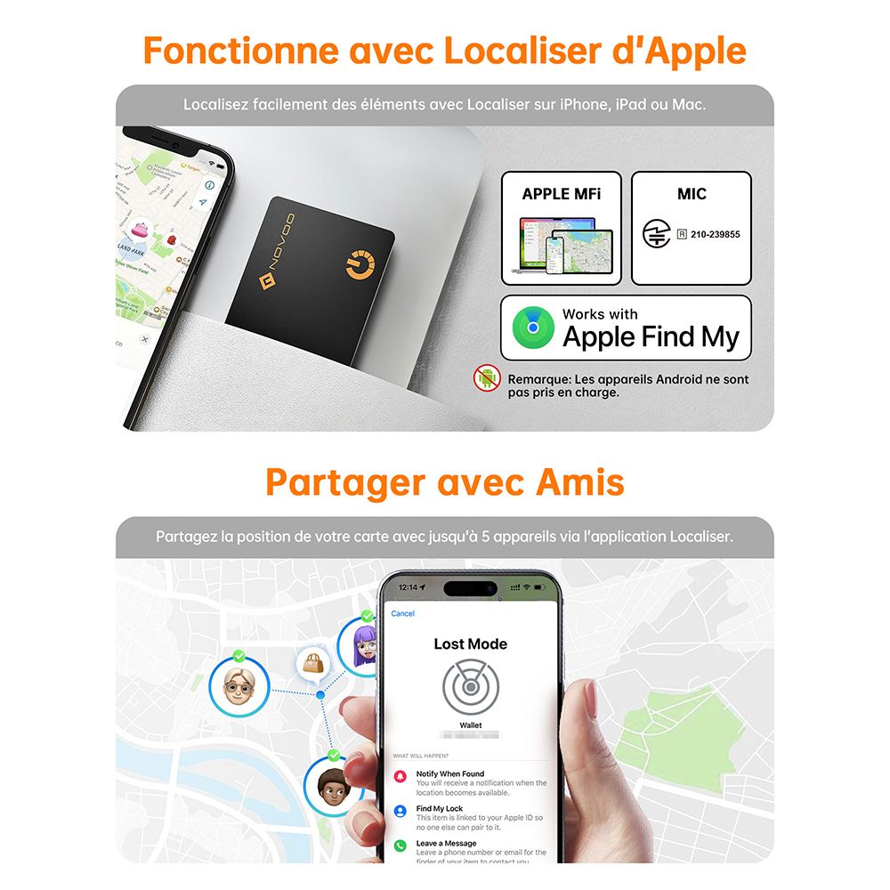 NOVOO Smart Air Tag Ultra-Fin Localisateur d'objets Localisation d'articles Tracker Carte Compatible avec Apple Find My (iOS only)