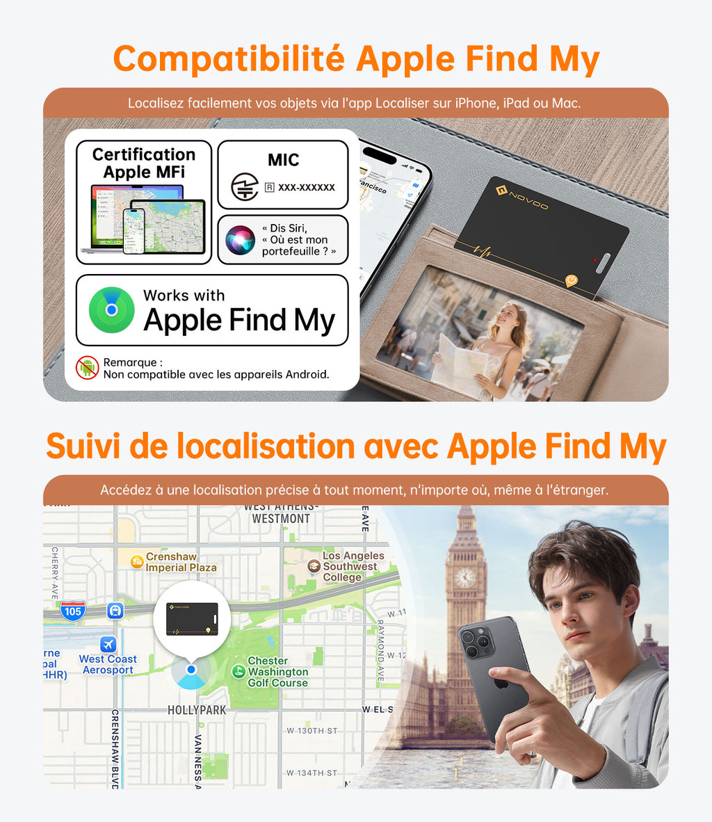 Carte Air Tag NOVOO — Traceur Bluetooth Rechargeable Sans Fil, Étanche IP68 pour Portefeuille & Bagages
