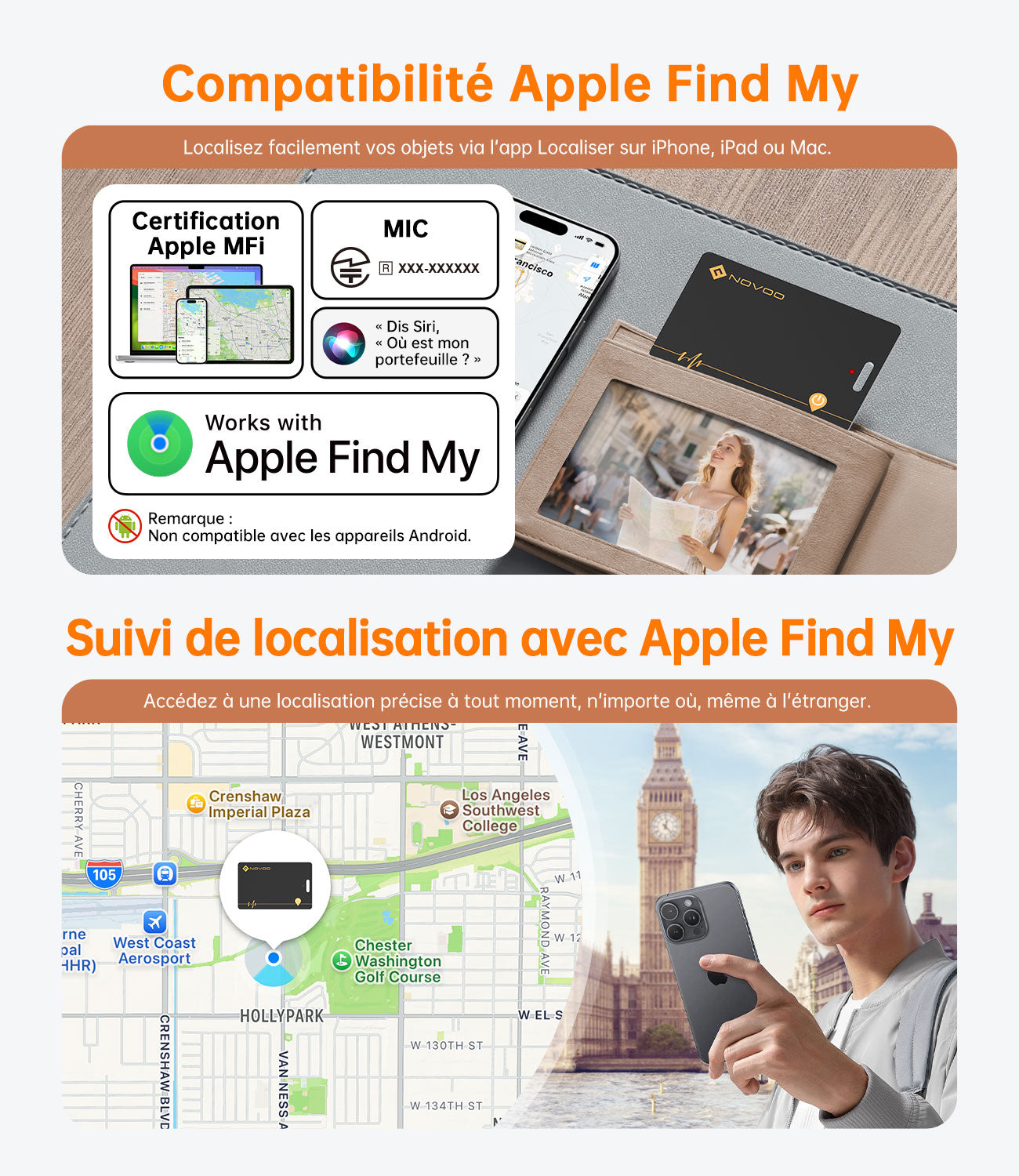 Carte Air Tag NOVOO — Traceur Bluetooth Rechargeable Sans Fil, Étanche IP68 pour Portefeuille & Bagages
