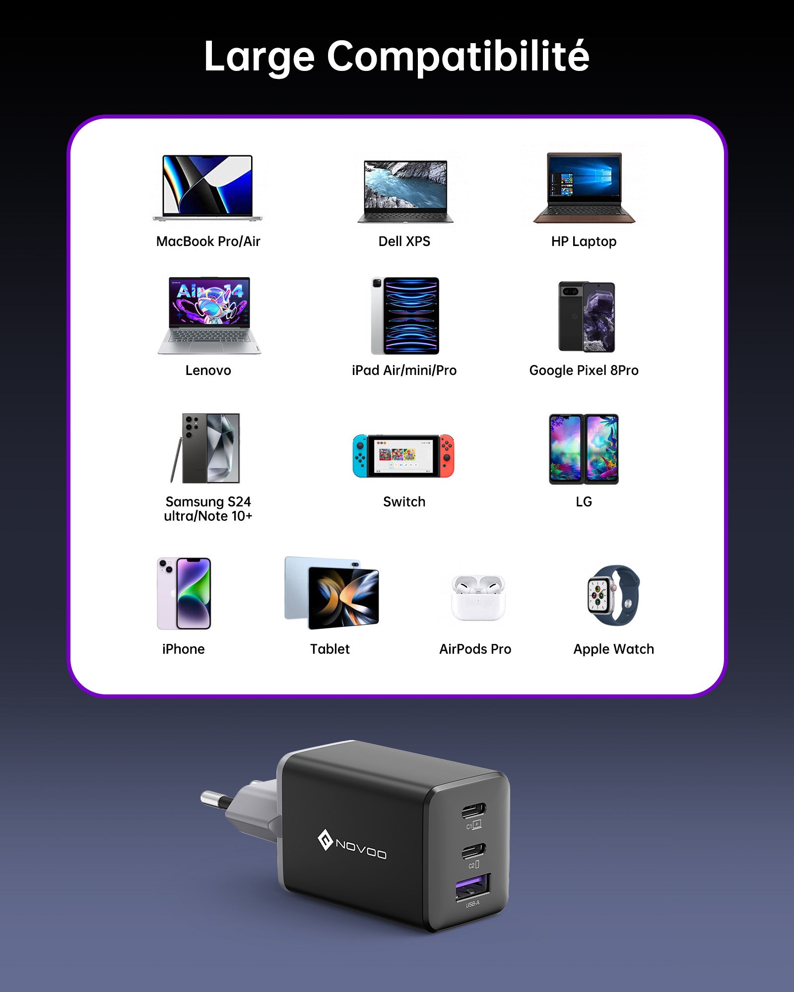 NOVOO Chargeur USB C Rapide 67W 3 Ports avec GaN Tech, Chargeur Rapide Compatible avec iPhone 15 Plus Pro Max 14 13 Pro 12 Galaxy S23 Ultra Plus S22 MacBook Pro Air M1 M2 iPad Pro