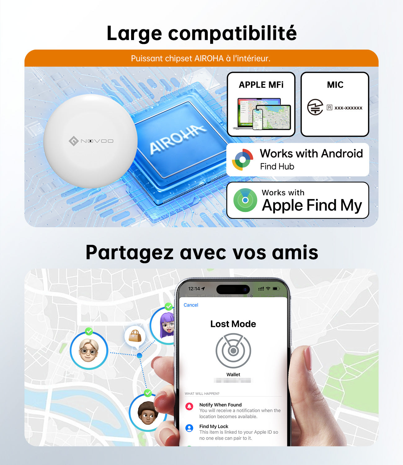 NOVOO Air Tag Lot de 4 Localisateurs de Clés Intelligents Compatibles avec Apple ou Google, Localisateurs d’Objets Bluetooth pour Valises/Portefeuilles/Clés/Sacs/Bagages, Batterie Remplaçable