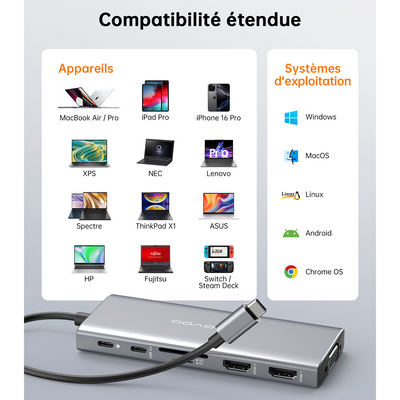 NOVOO RM12A Docking Station d'accueil USB C 12-en-1, Dual 4K HDMI, VGA, 5 USB Ports, 100W PD, Lecteur SD/TF, Compatible MacBook/Dell/HP/Surface