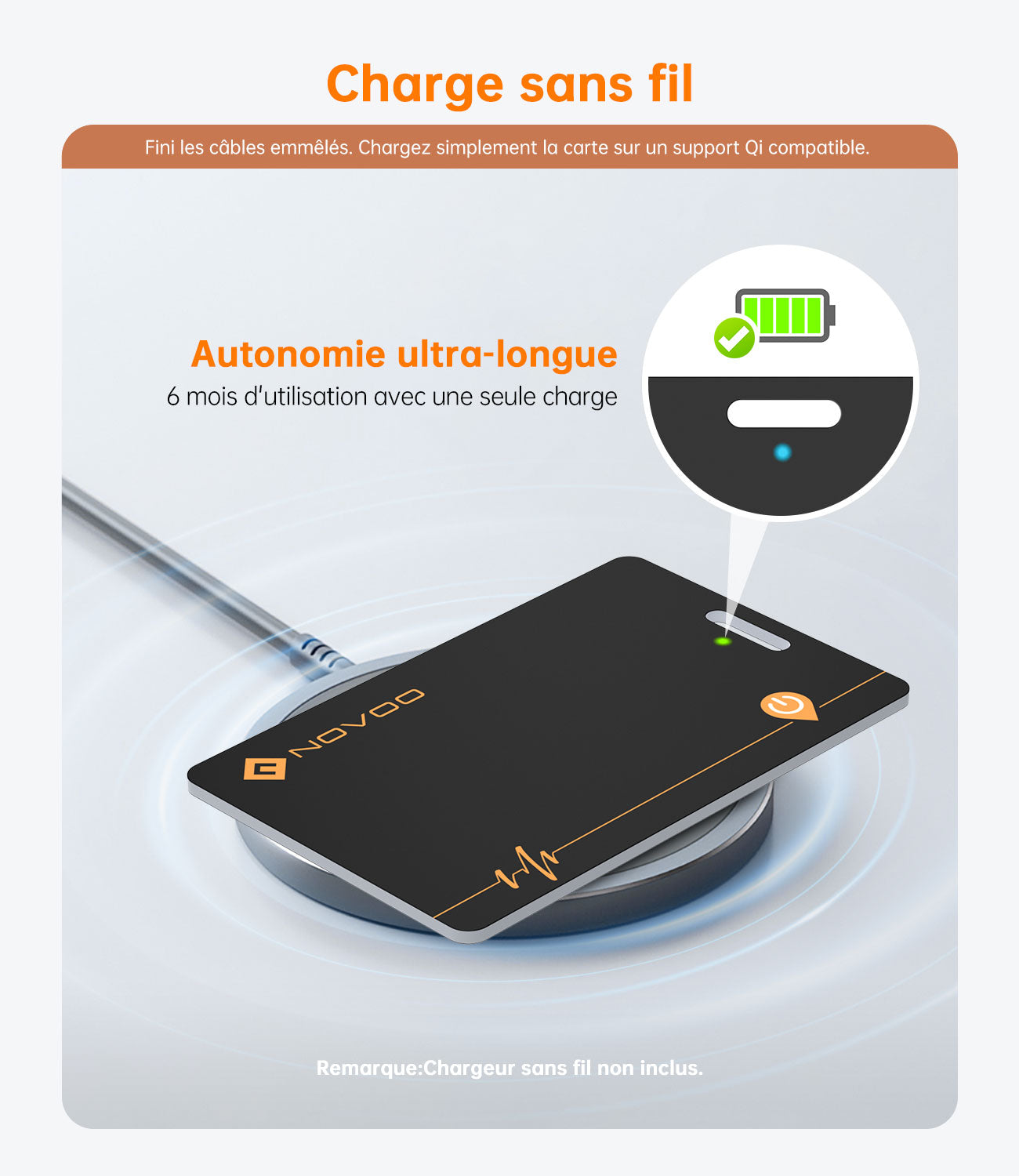 Carte Air Tag NOVOO — Traceur Bluetooth Rechargeable Sans Fil, Étanche IP68 pour Portefeuille & Bagages
