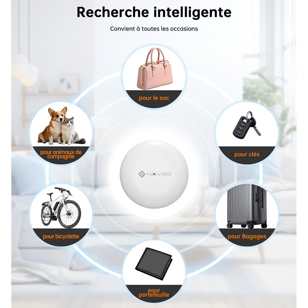 NOVOO Localisateur de clés intelligent Air Tag compatible avec Apple Où est ? APP(iOS) ou Google, Bluetooth KeyFinder Batterie remplaçable pour