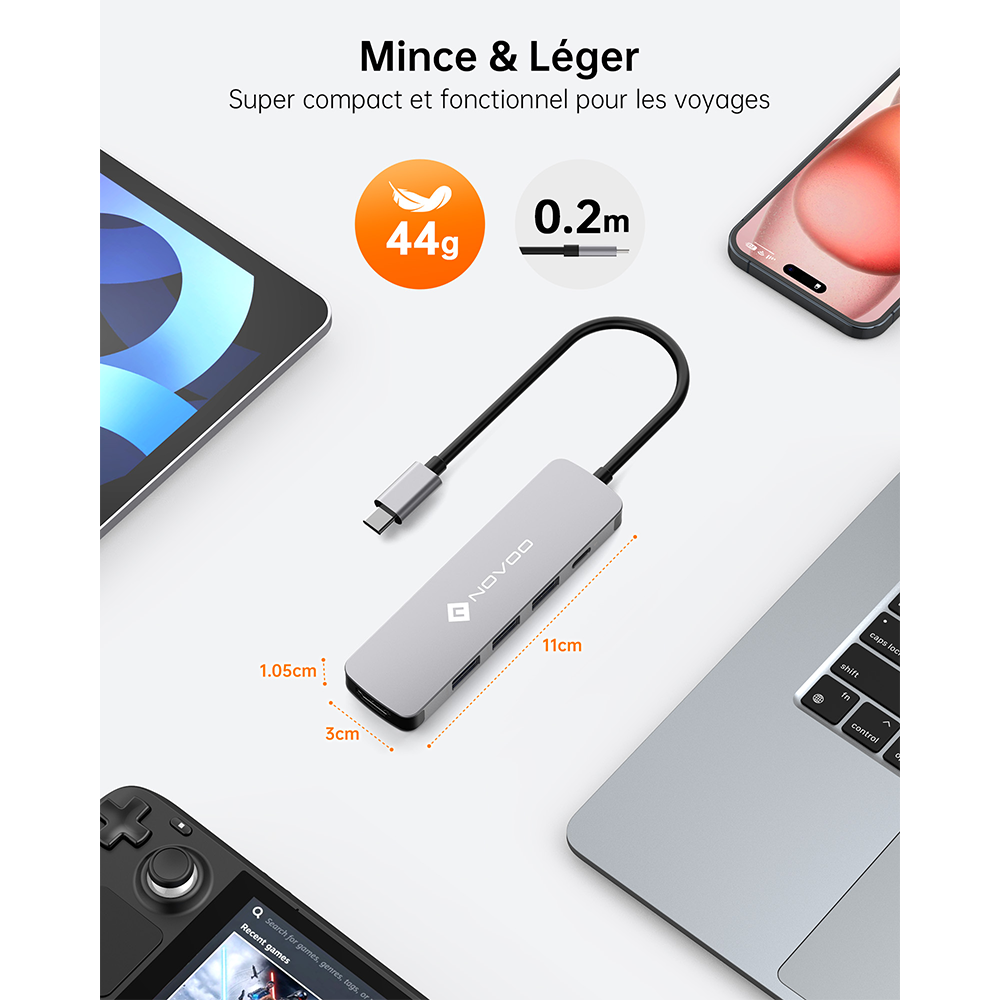 NOVOO R5PD Adaptateur USB C, 5-en-1 Hub USB C vers HDMI 4K@60Hz, 3 X USB 3.0, PD 100W USBC Hub pour Macbook Air Macbook Pro Surface Galaxy Lenovo Chromebook