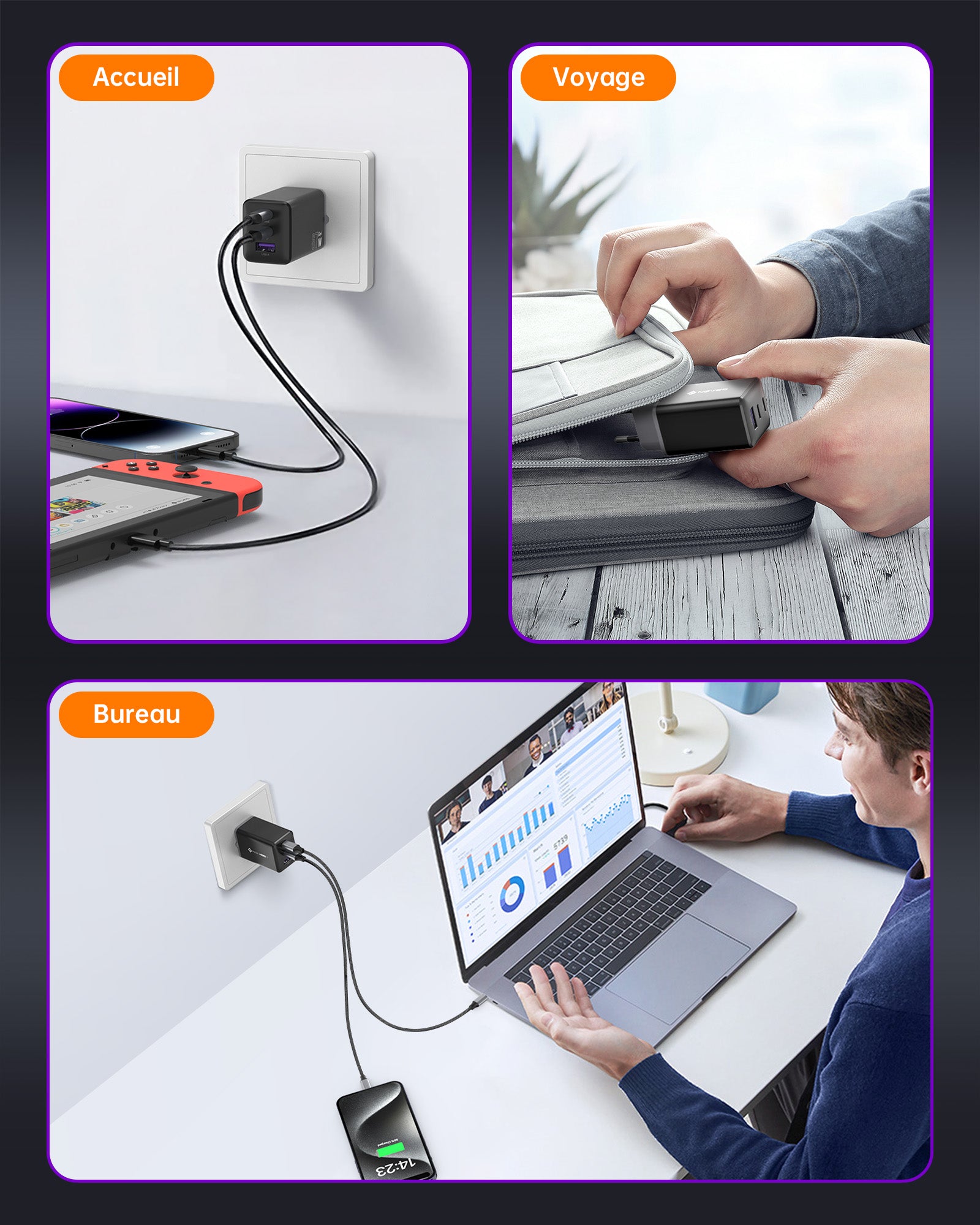 NOVOO Chargeur USB C Rapide 67W 3 Ports avec GaN Tech, Chargeur Rapide Compatible avec iPhone 15 Plus Pro Max 14 13 Pro 12 Galaxy S23 Ultra Plus S22 MacBook Pro Air M1 M2 iPad Pro