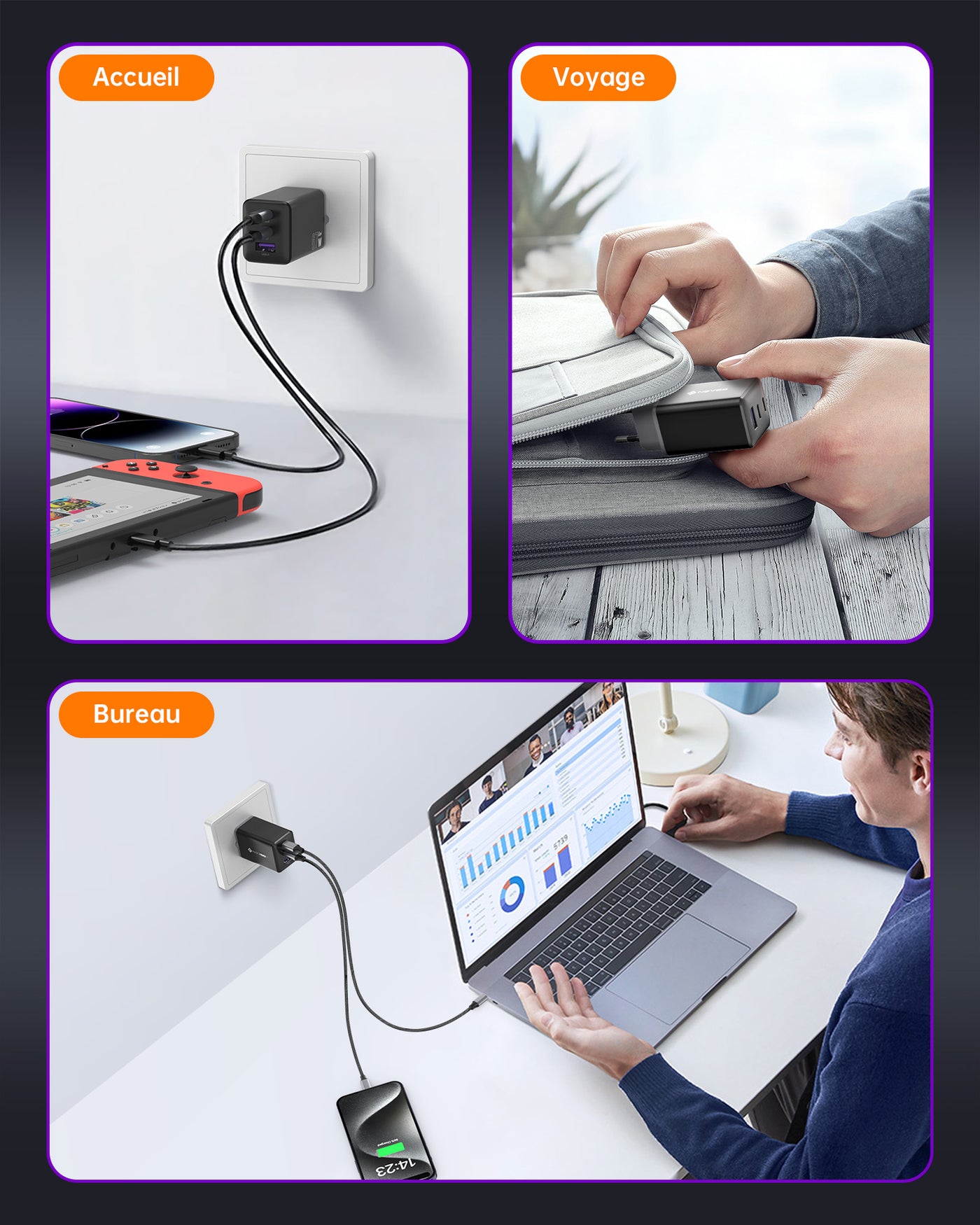 NOVOO Chargeur USB C Rapide 67W 3 Ports avec GaN Tech, Chargeur Rapide Compatible avec iPhone 15 Plus Pro Max 14 13 Pro 12 Galaxy S23 Ultra Plus S22 MacBook Pro Air M1 M2 iPad Pro