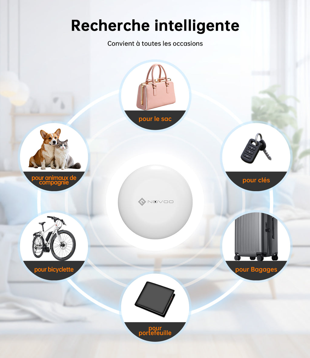 NOVOO Air Tag Lot de 4 Localisateurs de Clés Intelligents Compatibles avec Apple ou Google, Localisateurs d’Objets Bluetooth pour Valises/Portefeuilles/Clés/Sacs/Bagages, Batterie Remplaçable
