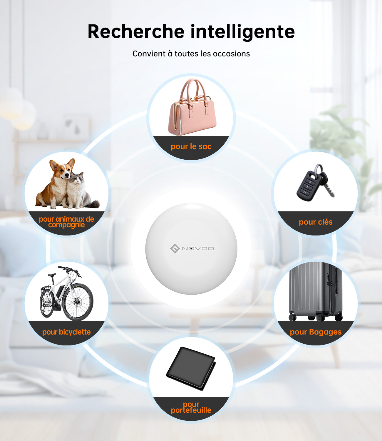 NOVOO Air Tag Lot de 4 Localisateurs de Clés Intelligents Compatibles avec Apple ou Google, Localisateurs d’Objets Bluetooth pour Valises/Portefeuilles/Clés/Sacs/Bagages, Batterie Remplaçable