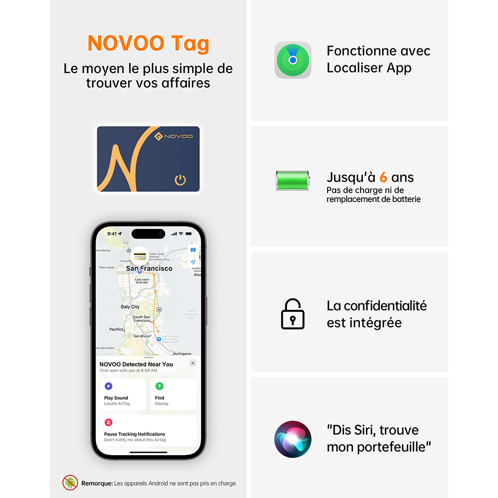 NOVOO Smart Air Tag Traceur Carte Bluetooth Localisateurs d’Objets Ultra-Fin Wallet Tracker Compatible avec Apple Localiser (iOS Uniquement) pour Portefeuille Clés Bagages Valise