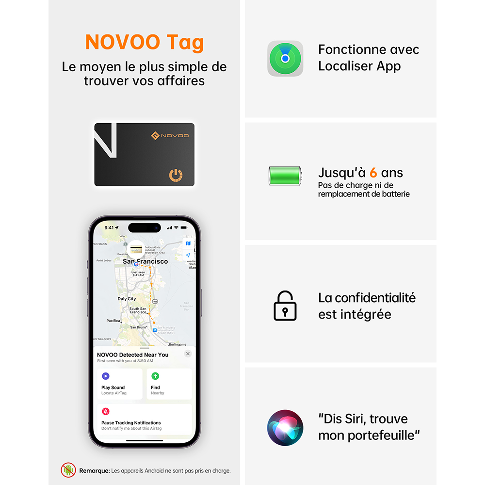 NOVOO Smart Air Tag Ultra-Fin Localisateur d'objets Localisation d'articles Tracker Carte Compatible avec Apple Find My (iOS only)