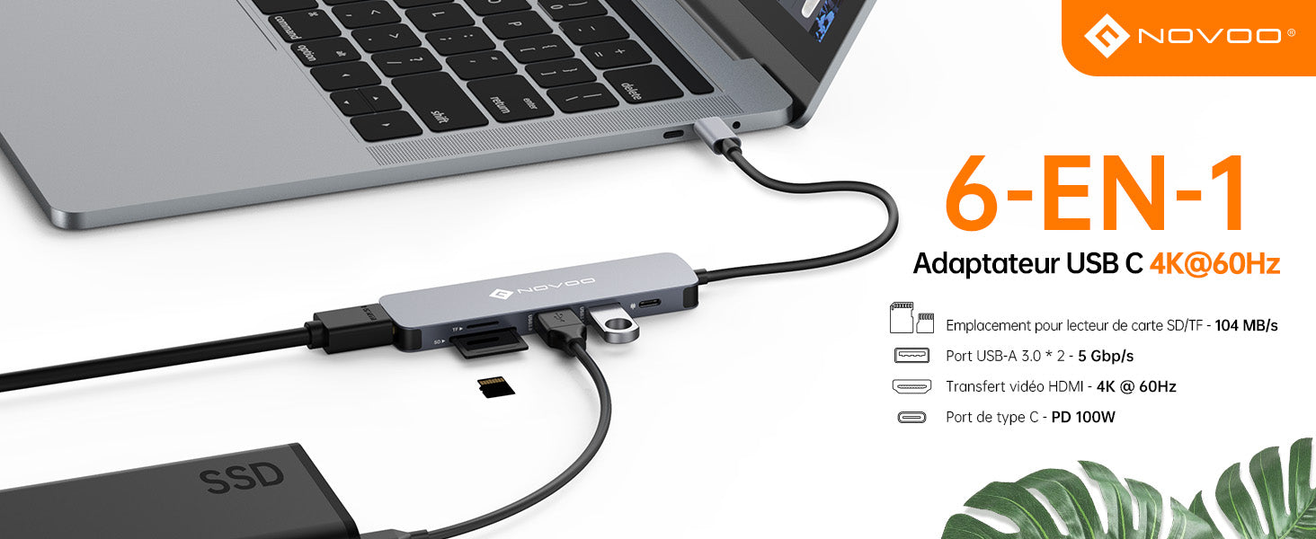 NOVOO Adaptateur USB C vers HDMI 4K, 6-en-1 Hub USB C HDMI, USB x2, PD 100W, Lecteur de Carte SD/TF, Multiport USB Hub pour MacBook Pro Air Chromebook Pixel Dell