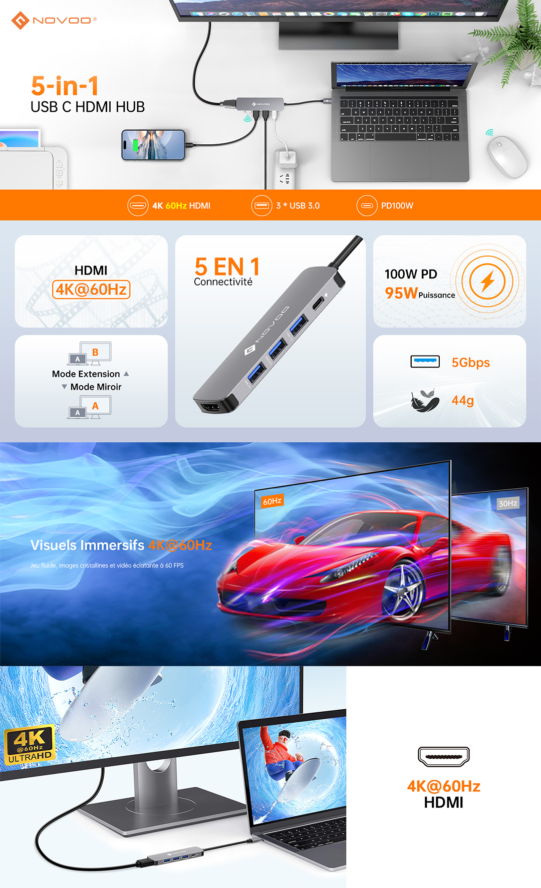 NOVOO R5PD Adaptateur USB C, 5-en-1 Hub USB C vers HDMI 4K@60Hz, 3 X USB 3.0, PD 100W USBC Hub pour Macbook Air Macbook Pro Surface Galaxy Lenovo Chromebook