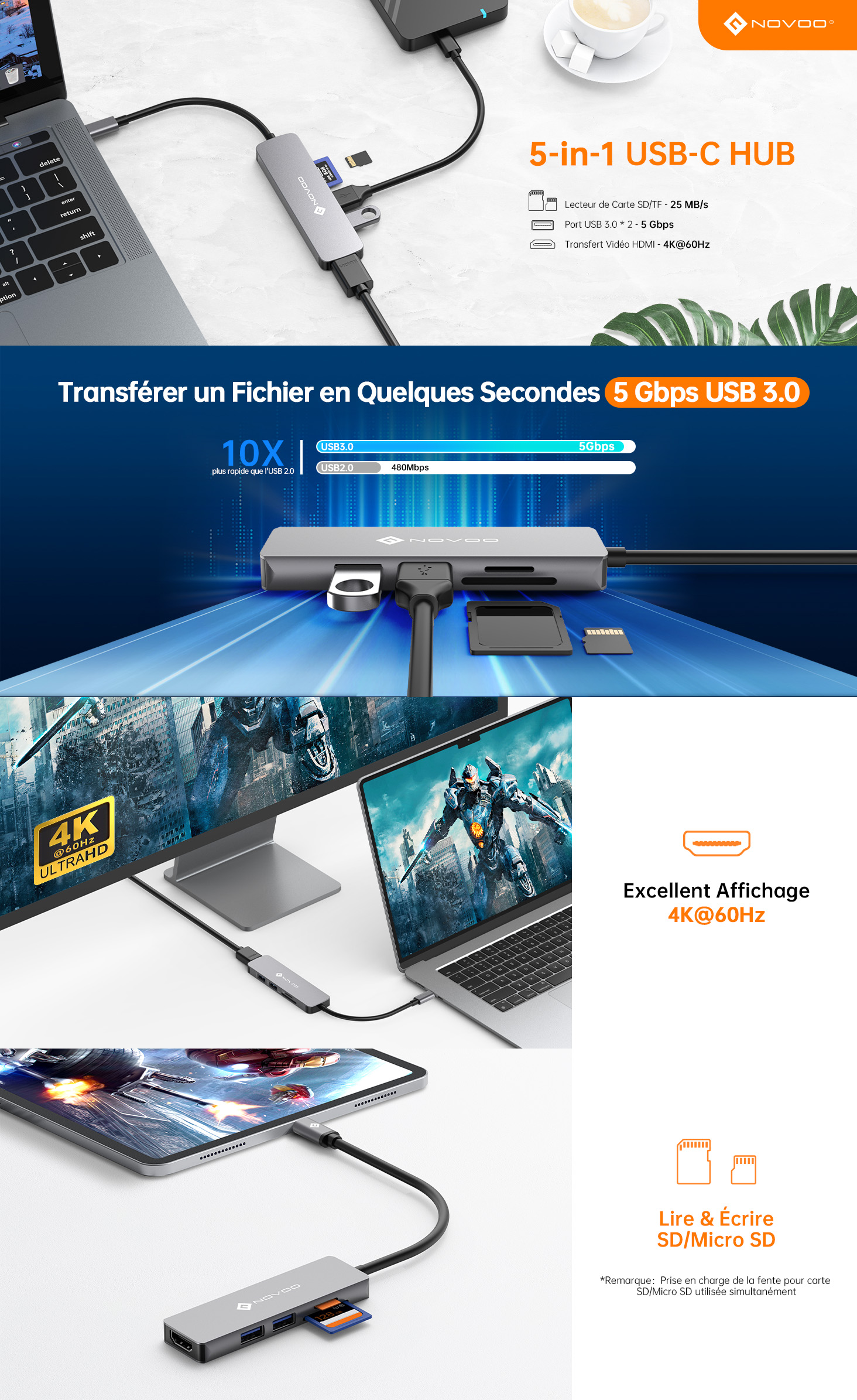 NOVOO R5 Hub USB-C 5 en 1 vers HDMI 4K@60Hz, Lecteur de Carte SD & Micro SD, 2 x USB 3.0, Adaptateur en Aluminium pour MacBook Pro, New MacBook, ChromeBook Pixel, Matebook PC Tablette Type-C