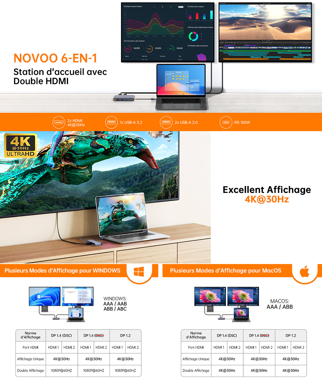 NOVOO RM6FPD Hub USB C Tripler Affichage 6 en 1 vers Dual HDMI, Stations d'accueil USB C Double Moniteur, 100W PD, 3 x USB, Dock USB-C pour Dell, HP, Lenovo, ASUS, Microsoft Visiter la boutique NOVOO