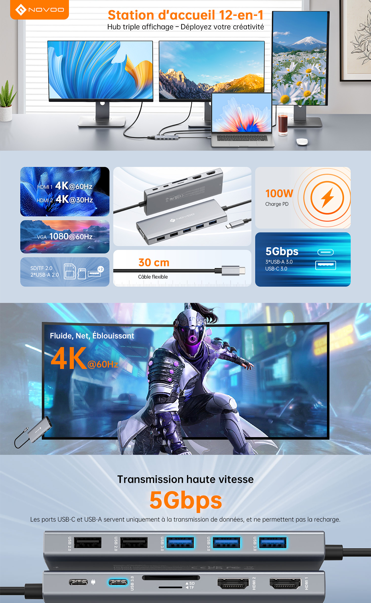 NOVOO RM12A Docking Station d'accueil USB C 12-en-1, Dual 4K HDMI, VGA, 5 USB Ports, 100W PD, Lecteur SD/TF, Compatible MacBook/Dell/HP/Surface
