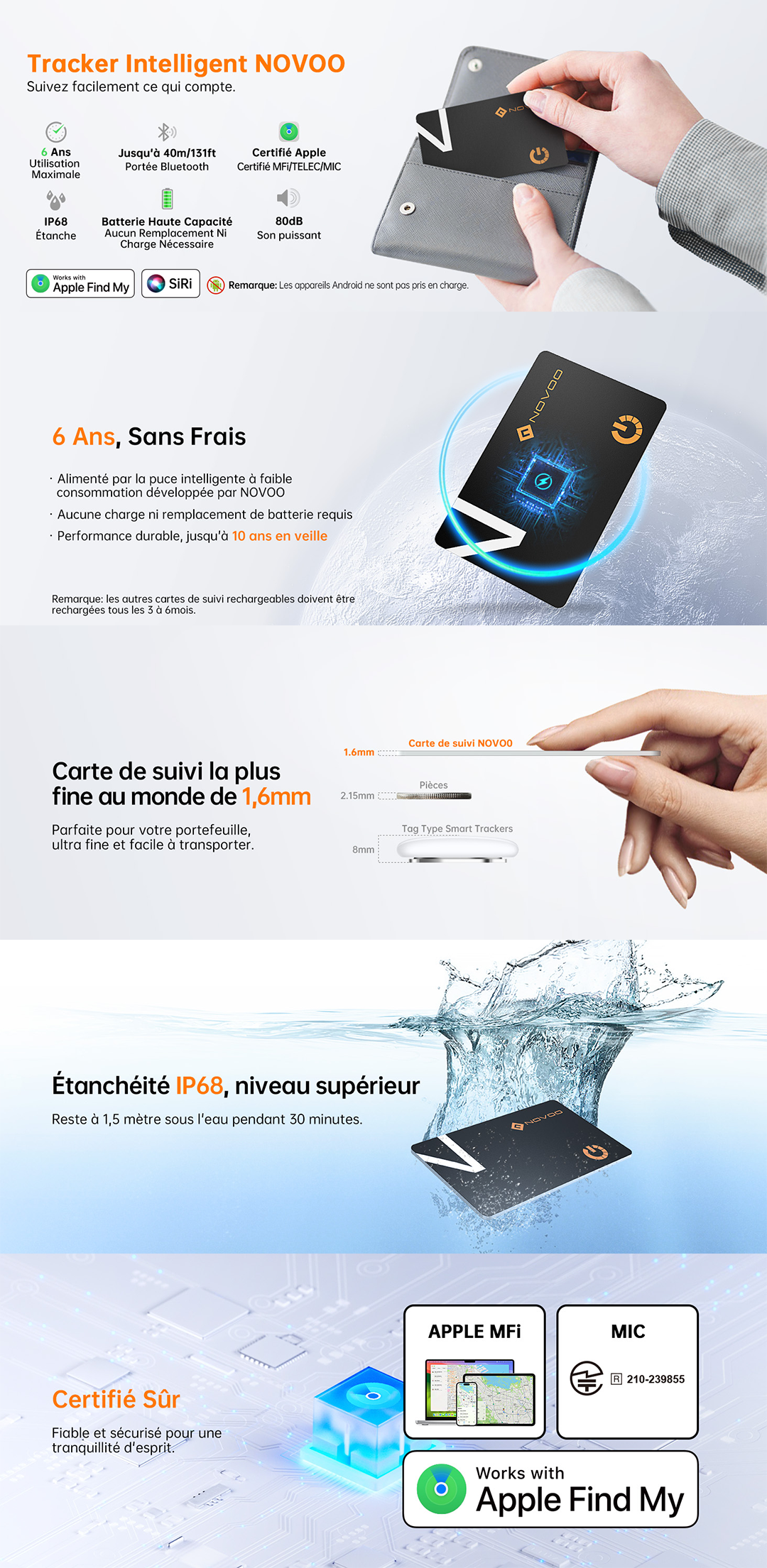 NOVOO Smart Air Tag Ultra-Fin Localisateur d'objets Localisation d'articles Tracker Carte Compatible avec Apple Find My (iOS only)