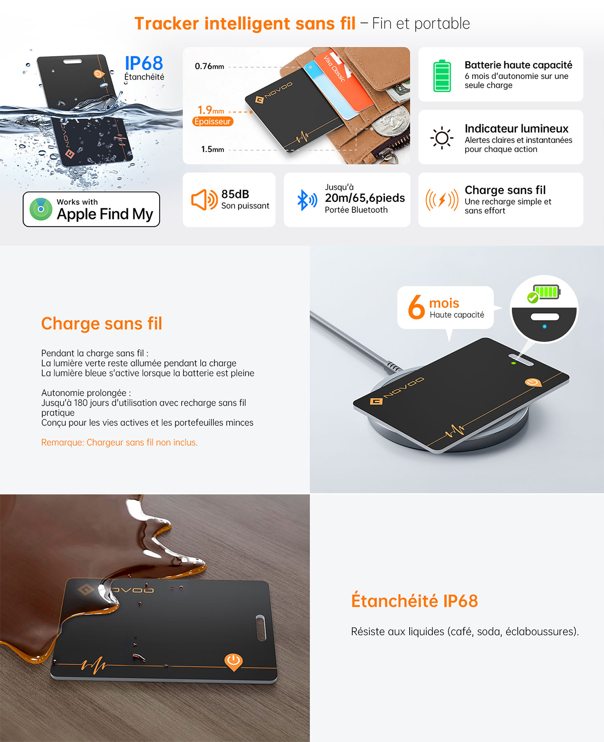 Carte Air Tag NOVOO — Traceur Bluetooth Rechargeable Sans Fil, Étanche IP68 pour Portefeuille & Bagages