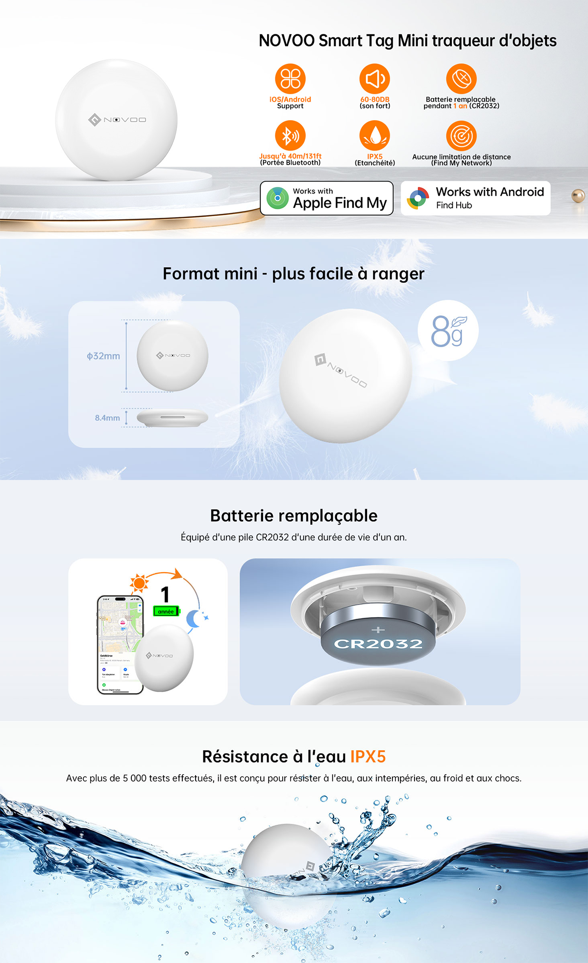 NOVOO Localisateur de clés intelligent Air Tag compatible avec Apple Où est ? APP(iOS) ou Google, Bluetooth KeyFinder Batterie remplaçable pour