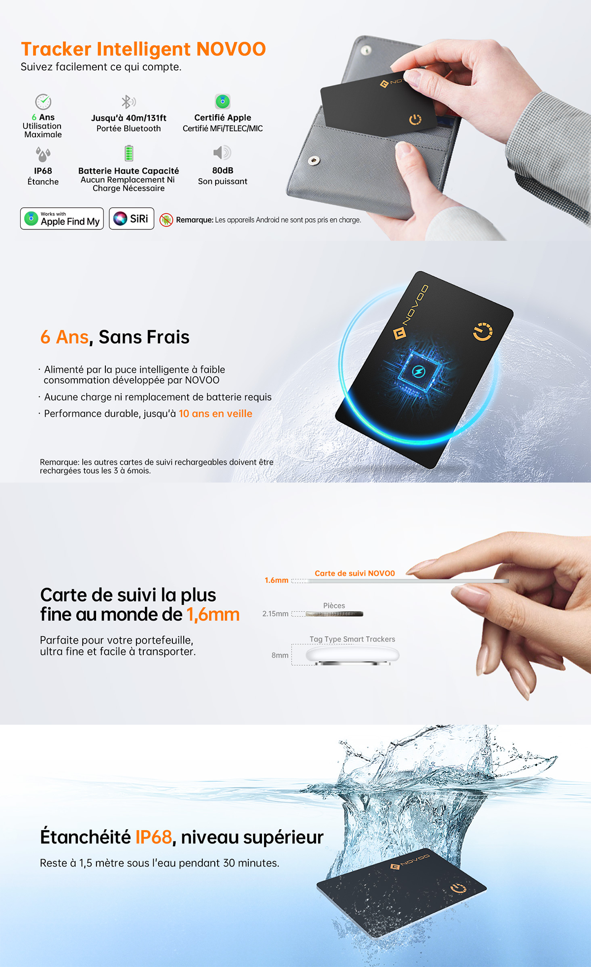 NOVOO Air Smart Tag Card Tracker Carte de suivi IP68 étanche Fonctionne avec Apple Find My (iOS uniquement), Bluetooth Item Finder Trieur d'objets