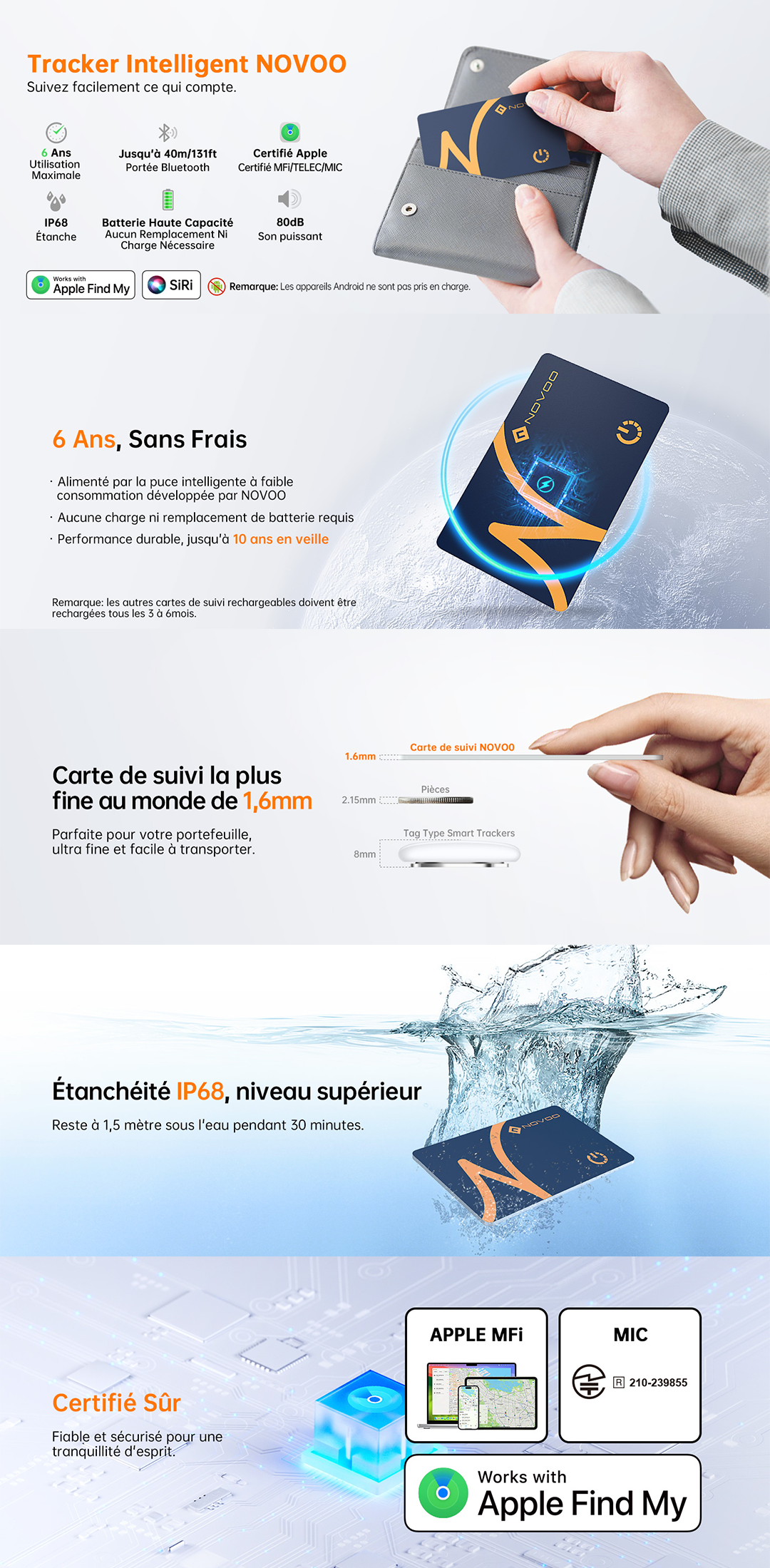 NOVOO Smart Air Tag Traceur Carte Bluetooth Localisateurs d’Objets Ultra-Fin Wallet Tracker Compatible avec Apple Localiser (iOS Uniquement) pour Portefeuille Clés Bagages Valise