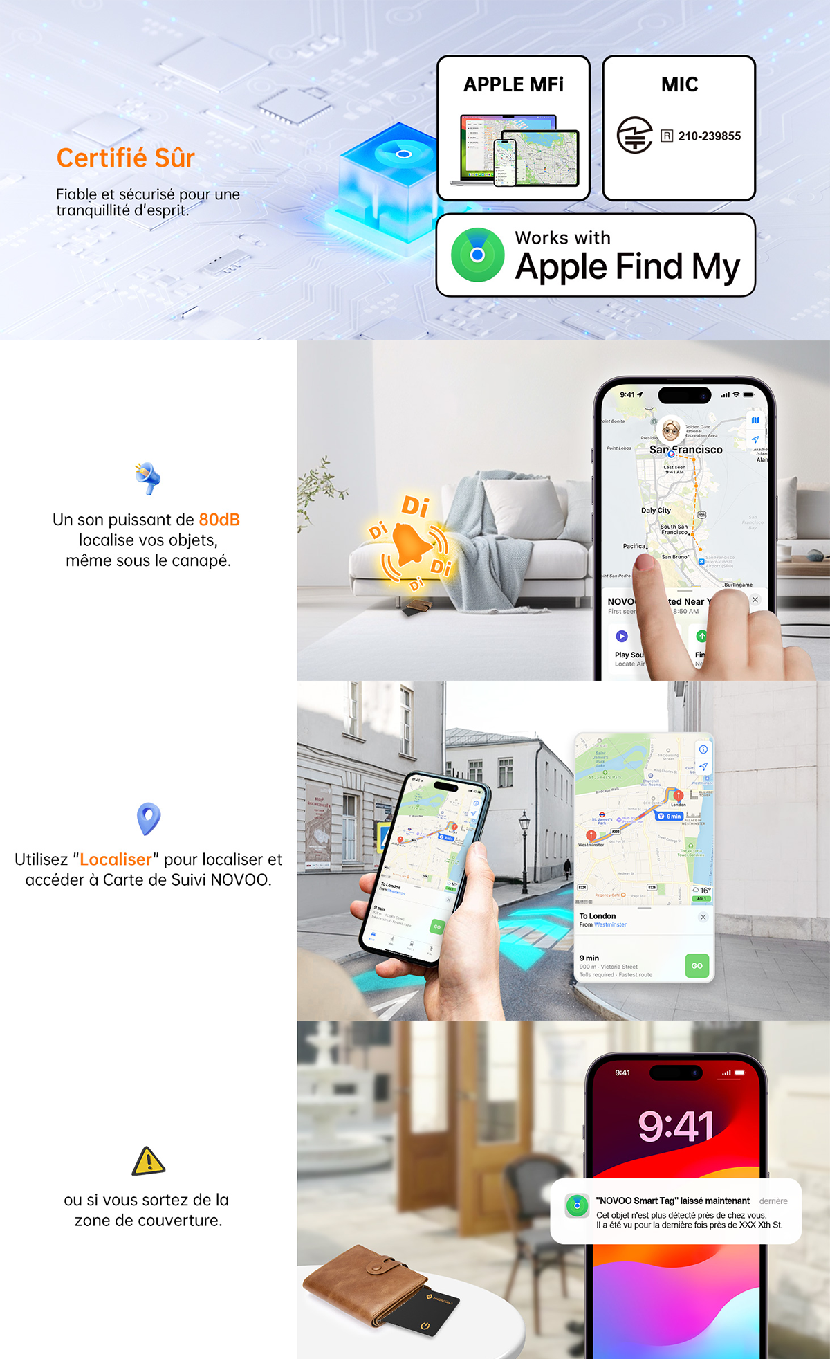 NOVOO Air Smart Tag Card Tracker Carte de suivi IP68 étanche Fonctionne avec Apple Find My (iOS uniquement), Bluetooth Item Finder Trieur d'objets