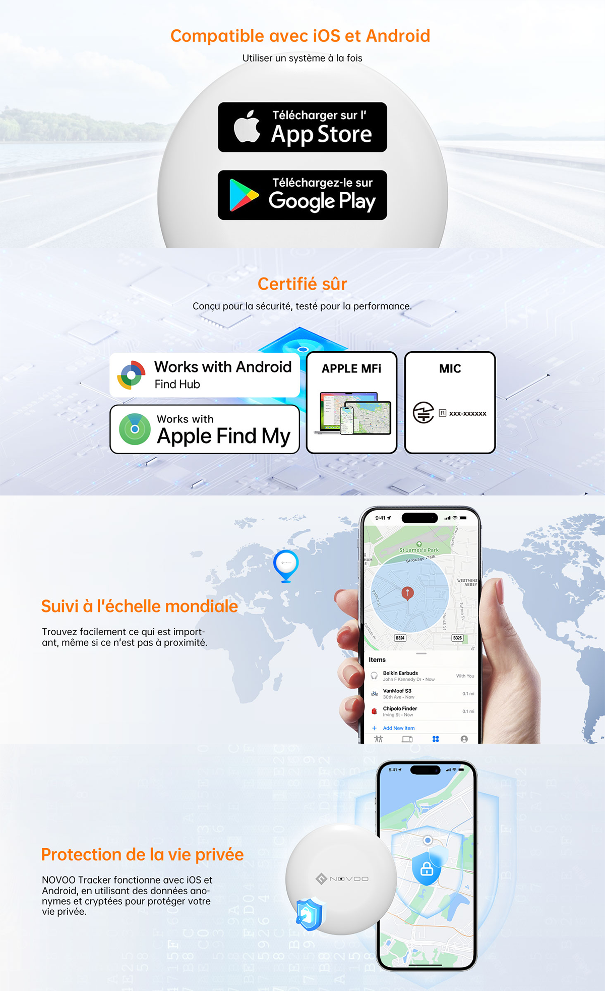 NOVOO Air Tag Lot de 4 Localisateurs de Clés Intelligents Compatibles avec Apple ou Google, Localisateurs d’Objets Bluetooth pour Valises/Portefeuilles/Clés/Sacs/Bagages, Batterie Remplaçable