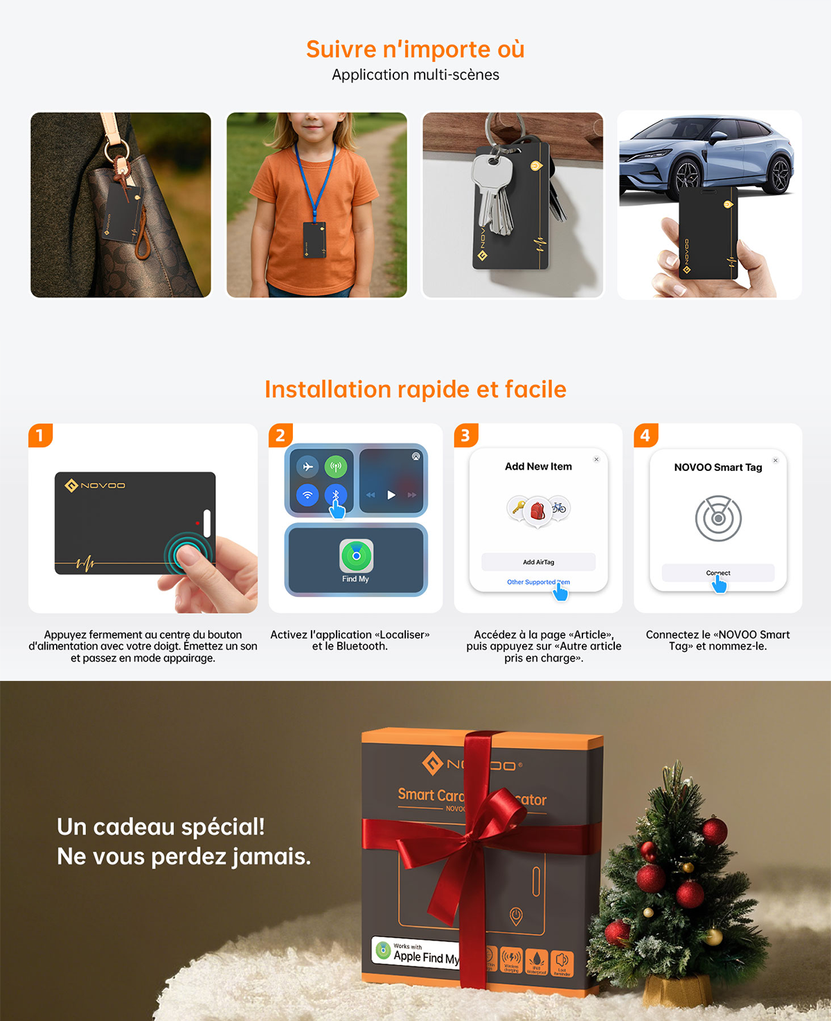 Carte Air Tag NOVOO — Traceur Bluetooth Rechargeable Sans Fil, Étanche IP68 pour Portefeuille & Bagages