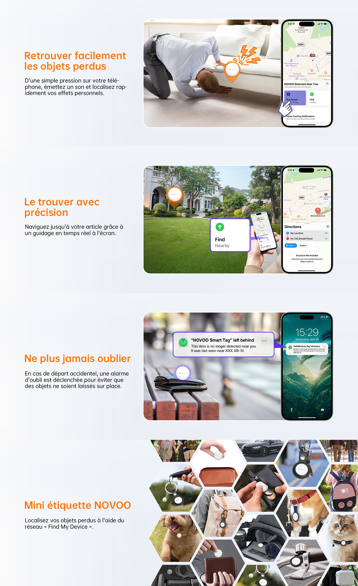 NOVOO Air Tag Lot de 4 Localisateurs de Clés Intelligents Compatibles avec Apple ou Google, Localisateurs d’Objets Bluetooth pour Valises/Portefeuilles/Clés/Sacs/Bagages, Batterie Remplaçable