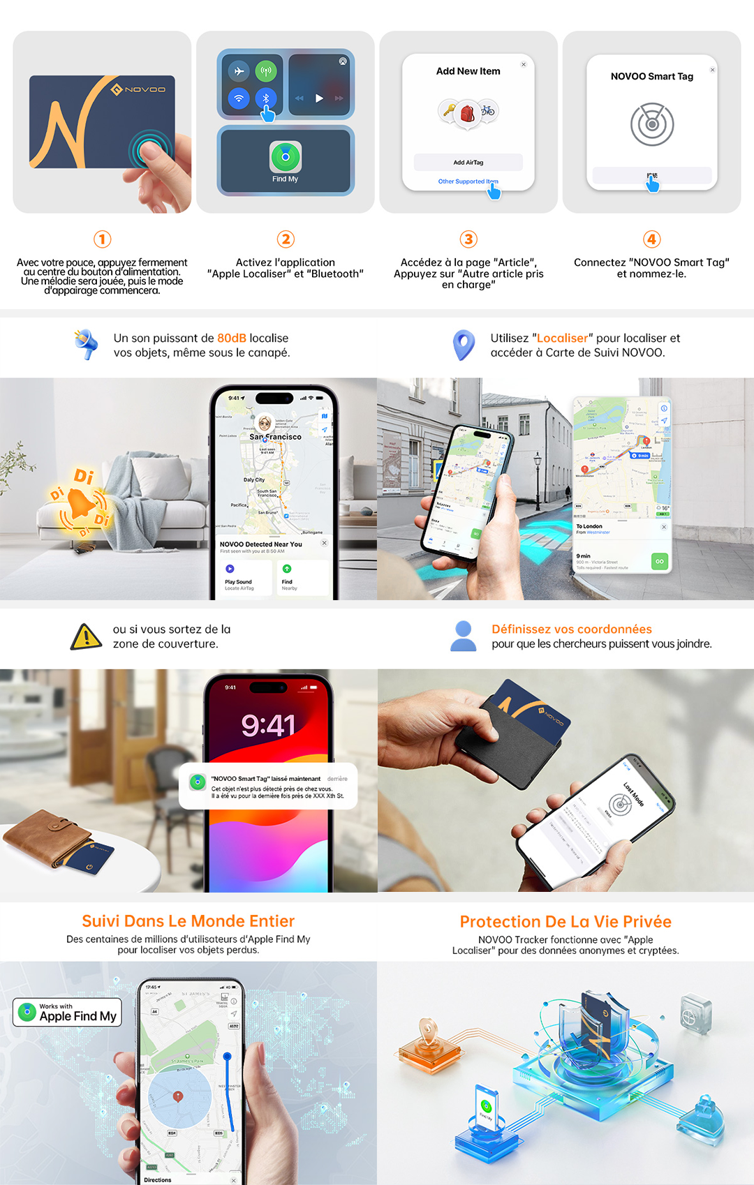 NOVOO Smart Air Tag Traceur Carte Bluetooth Localisateurs d’Objets Ultra-Fin Wallet Tracker Compatible avec Apple Localiser (iOS Uniquement) pour Portefeuille Clés Bagages Valise
