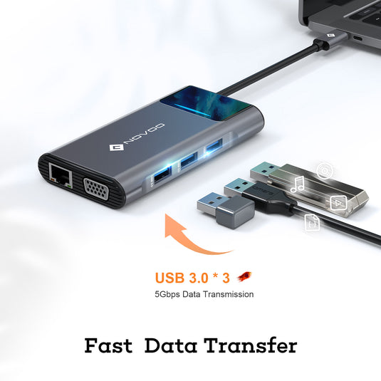 NOVOO 9 in 1 Hub USB C Mulitport Adaptateur USB C vers Dual Affichage(HDMI 4K&VGA),3xUSB 3.0,1Gbps Ethernet,Type-C 100W PD