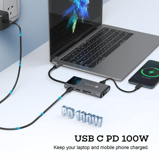 NOVOO 9 in 1 Hub USB C Mulitport Adaptateur USB C vers Dual Affichage(HDMI 4K&VGA),3xUSB 3.0,1Gbps Ethernet,Type-C 100W PD