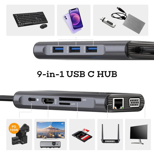 NOVOO 9 in 1 Hub USB C Mulitport Adaptateur USB C vers Dual Affichage(HDMI 4K&VGA),3xUSB 3.0,1Gbps Ethernet,Type-C 100W PD